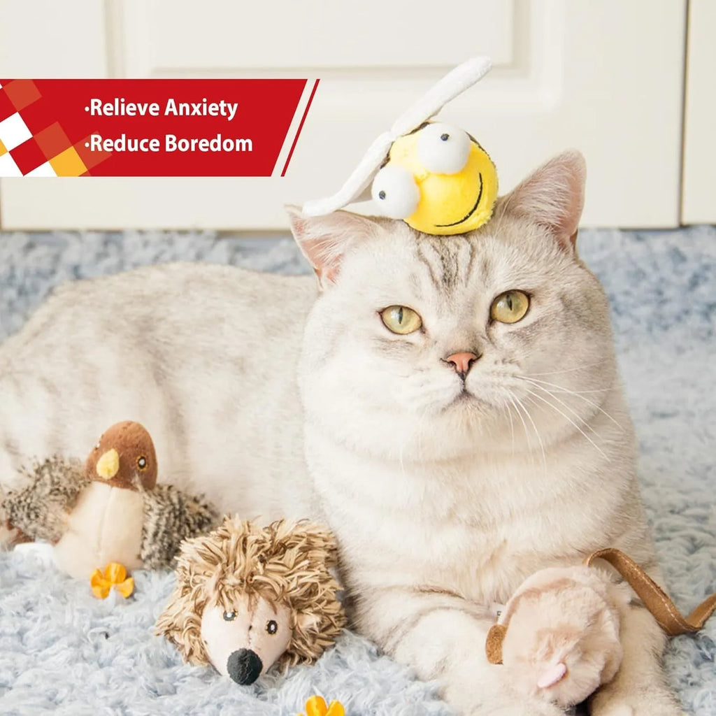 Yellow bee-shaped electronic cat toy with motion-activated squeaking sounds