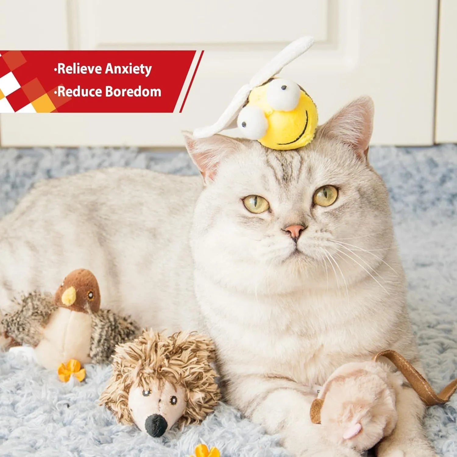 Yellow bee-shaped electronic cat toy with motion-activated squeaking sounds