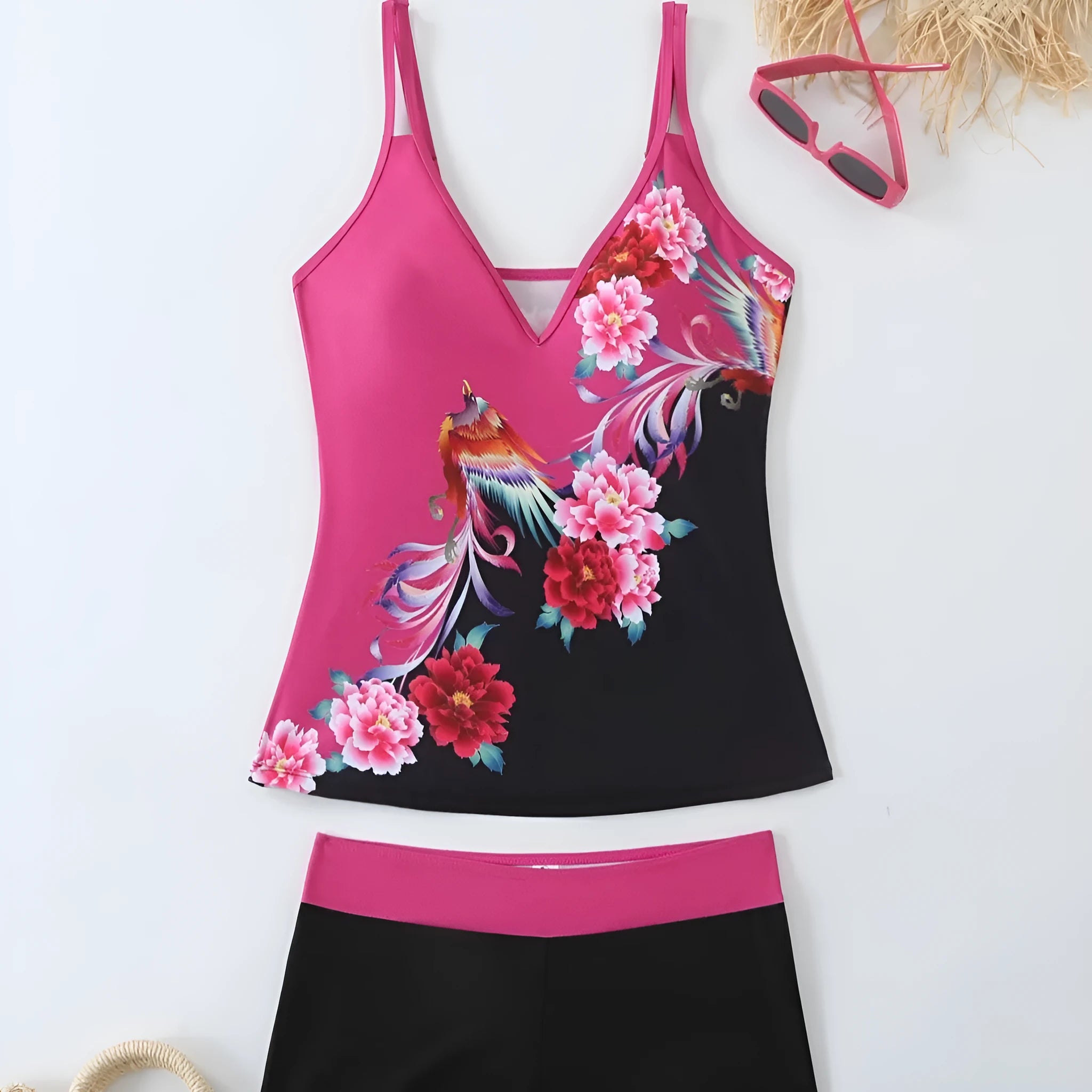 Plus size women's two-piece swimsuit in black or rose red with printed design