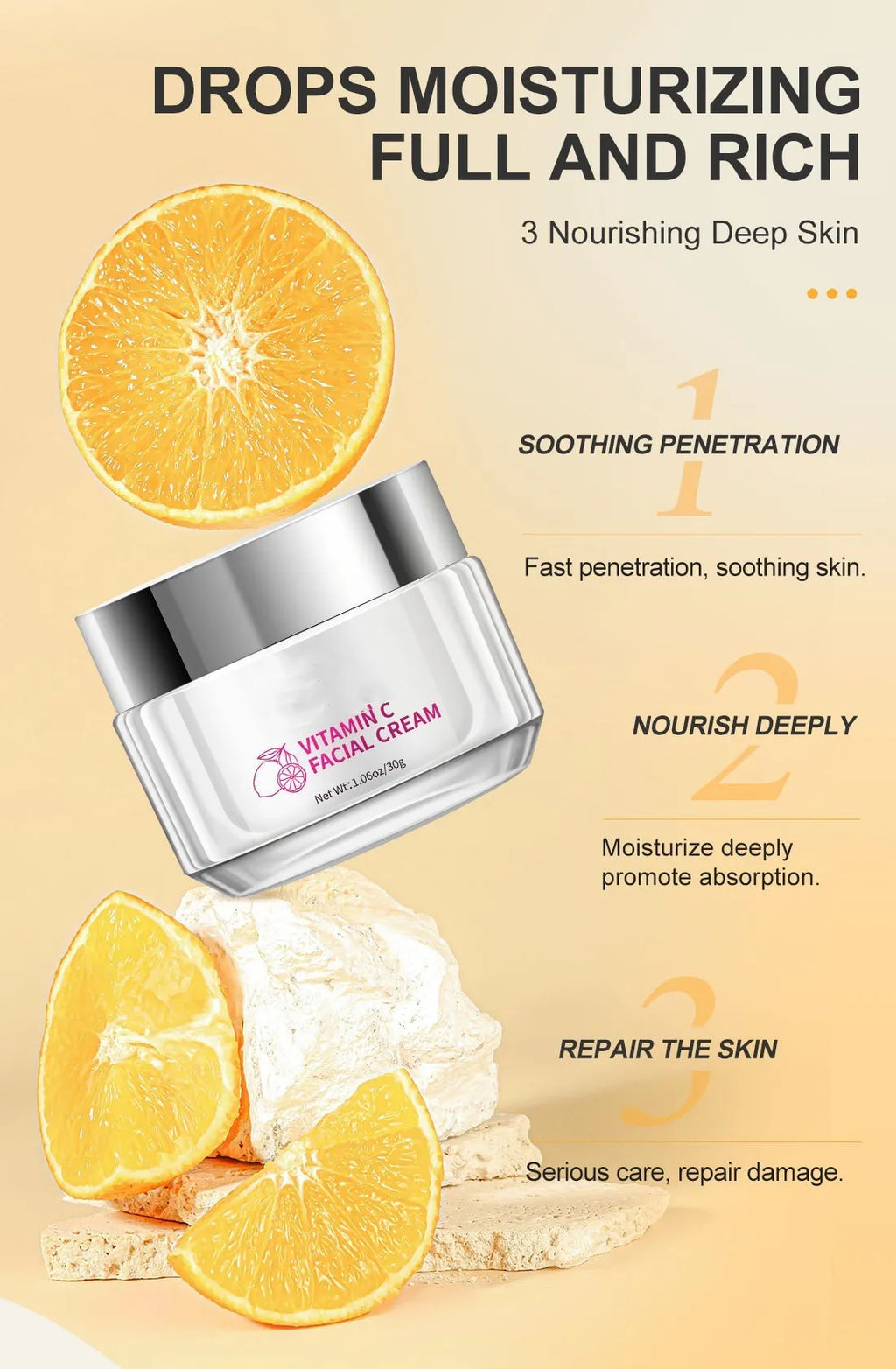 30g Vitamin C face cream in a white 6cm square jar.