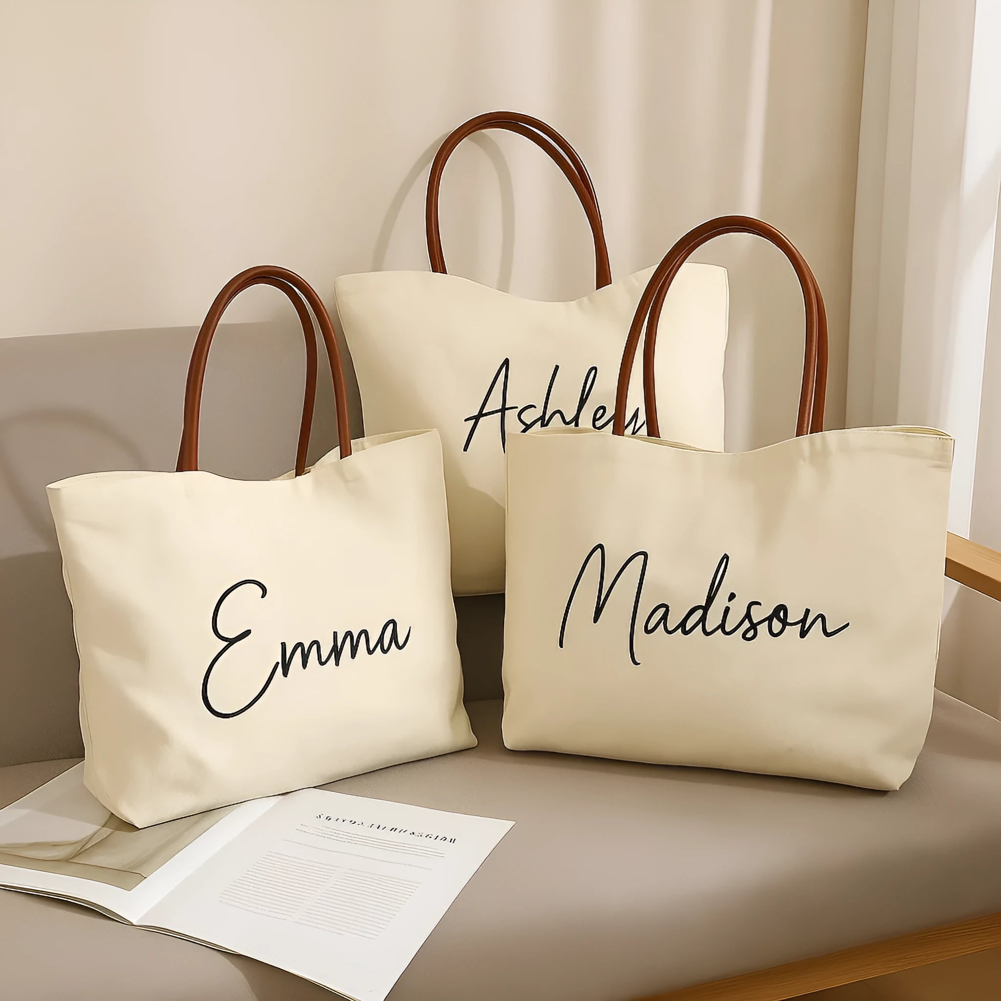 Beige white canvas tote bag with zip closure showing its spacious interior