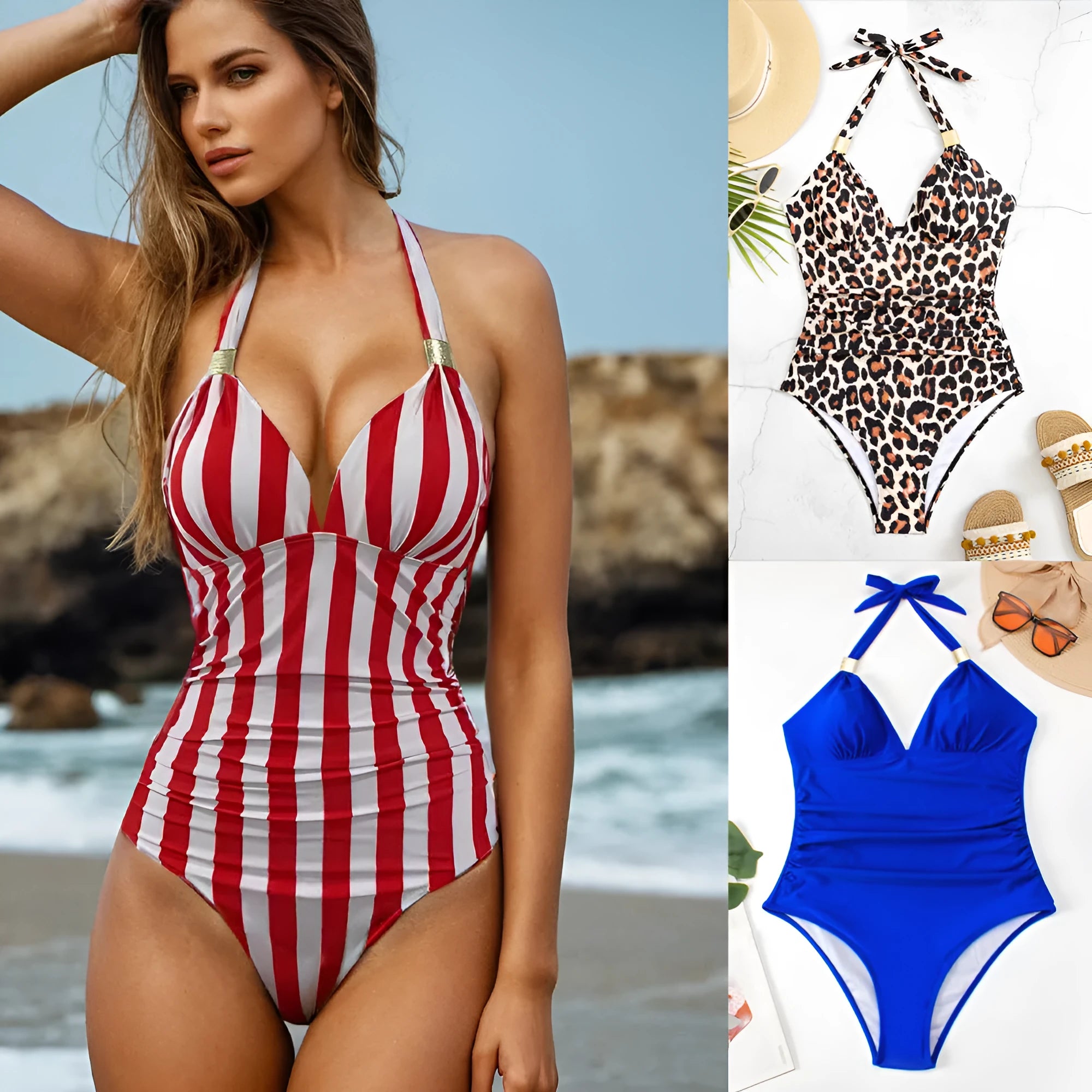 Women's quick-drying swimsuit in leopard print, made from polyester and spandex fabric.