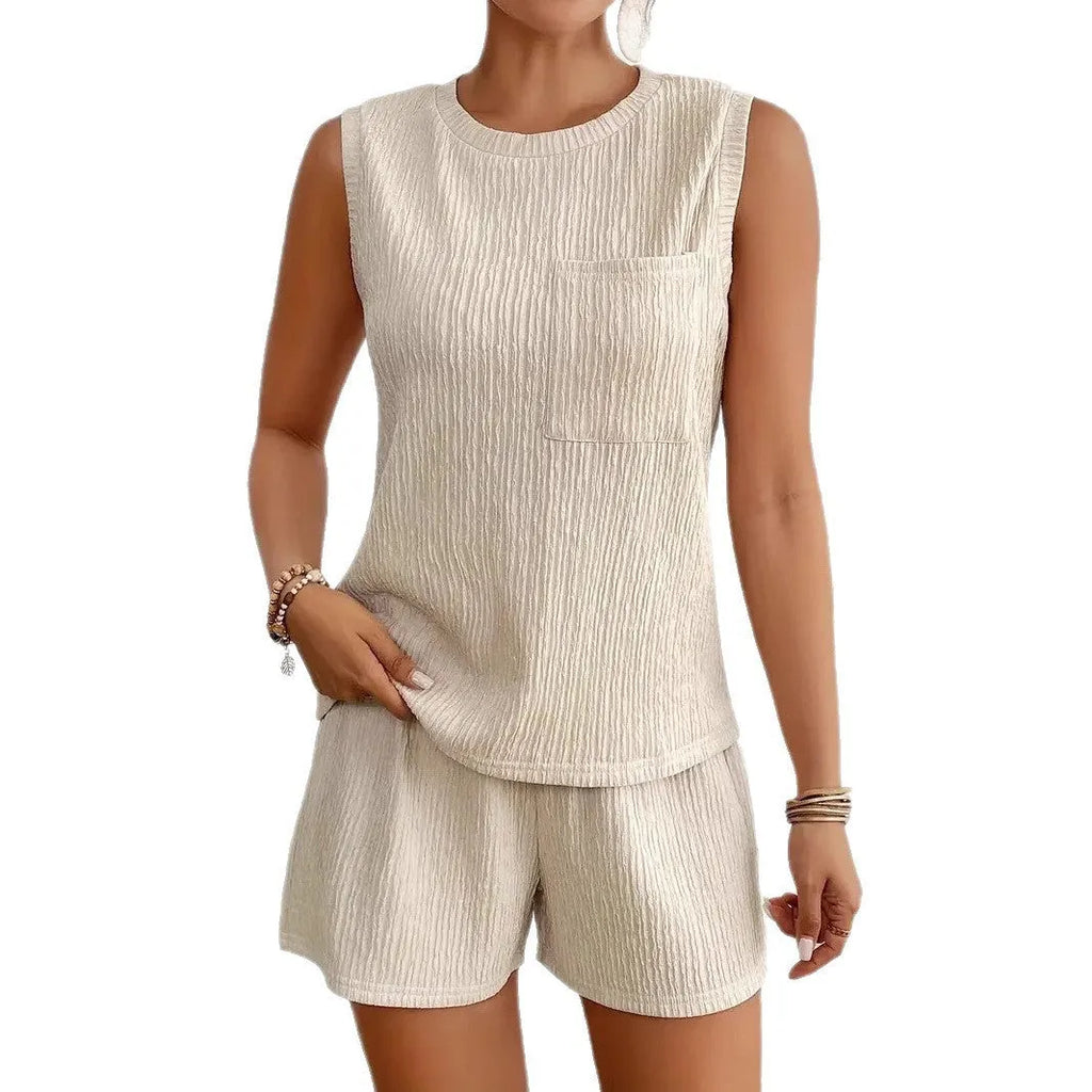 Women's apricot orange sleeveless vest and shorts polyester two-piece matching set