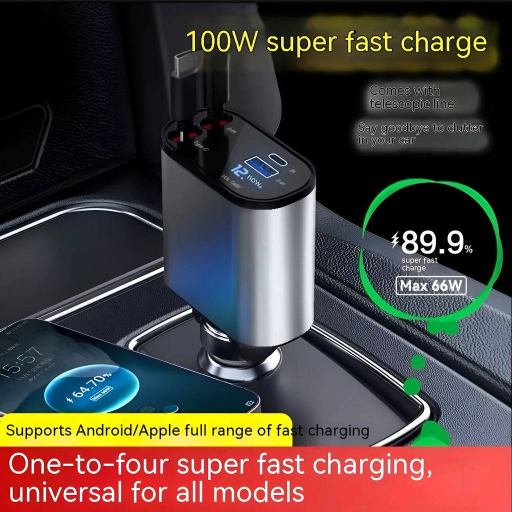 Car USB charger with retractable cable and four charging ports for multiple devices