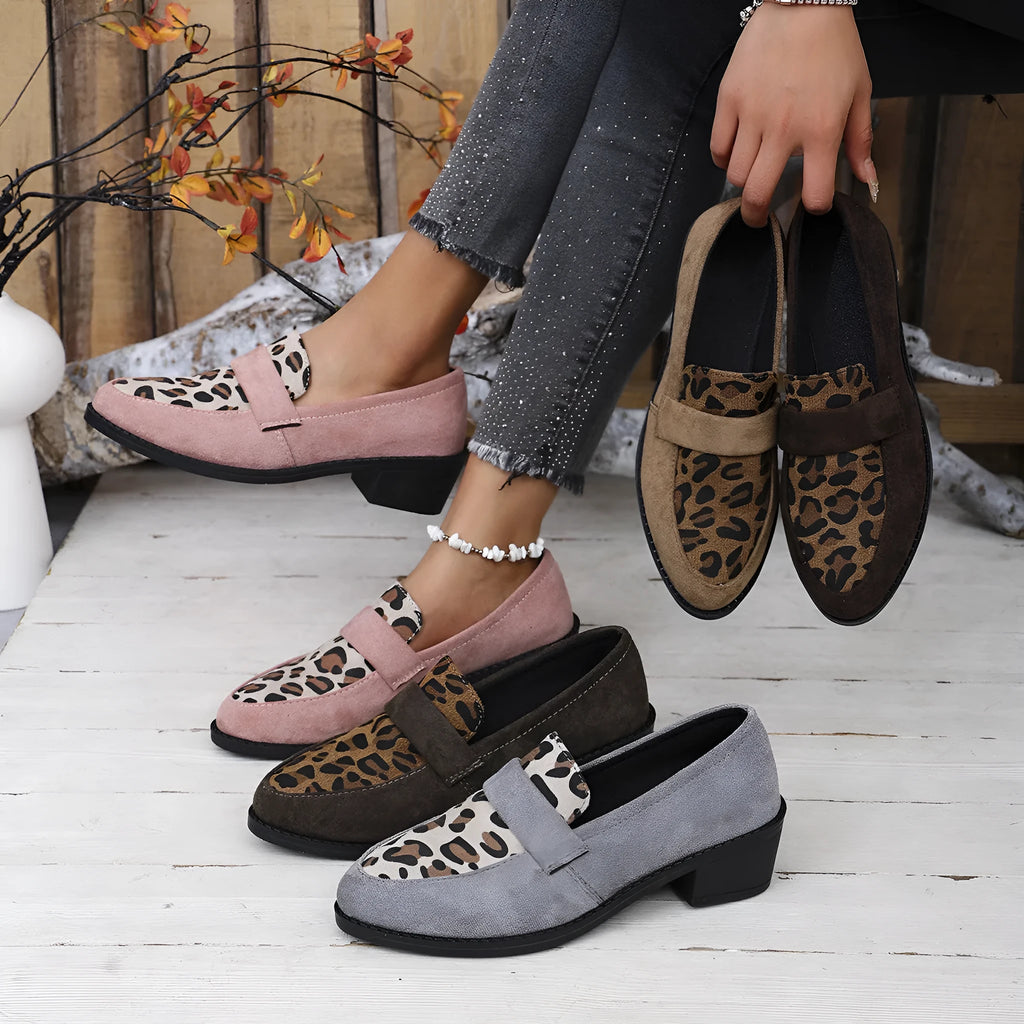 Women's leopard print slip-on pumps with pointed toe and chunky heel in brown, khaki, and pink colours