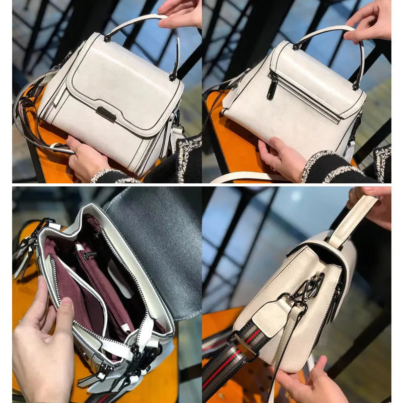 Women's genuine leather retro messenger bag in horizontal square shape with double shoulder straps