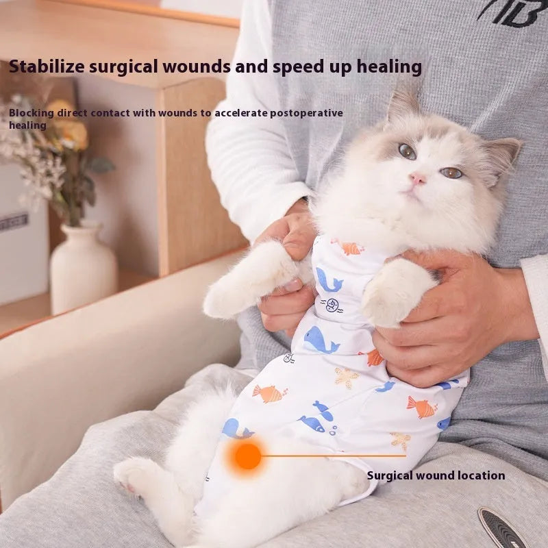 Cat wearing a lightweight polyester sterilisation recovery suit with Velcro fastening on its side.