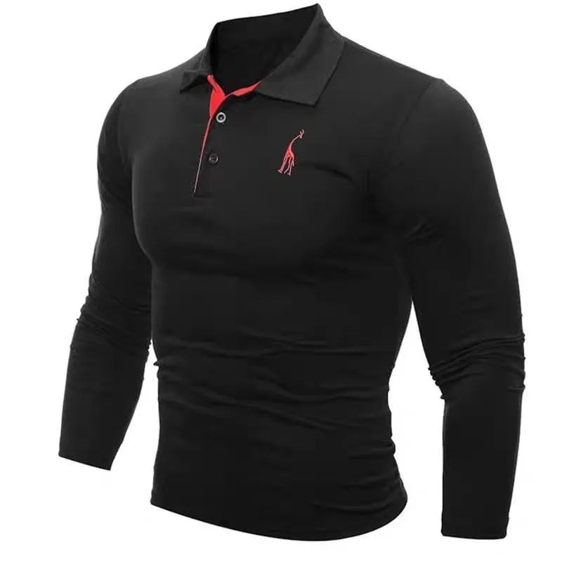 Men's long sleeve polo shirt in dark blue with embroidered deer and digital print, loose fit