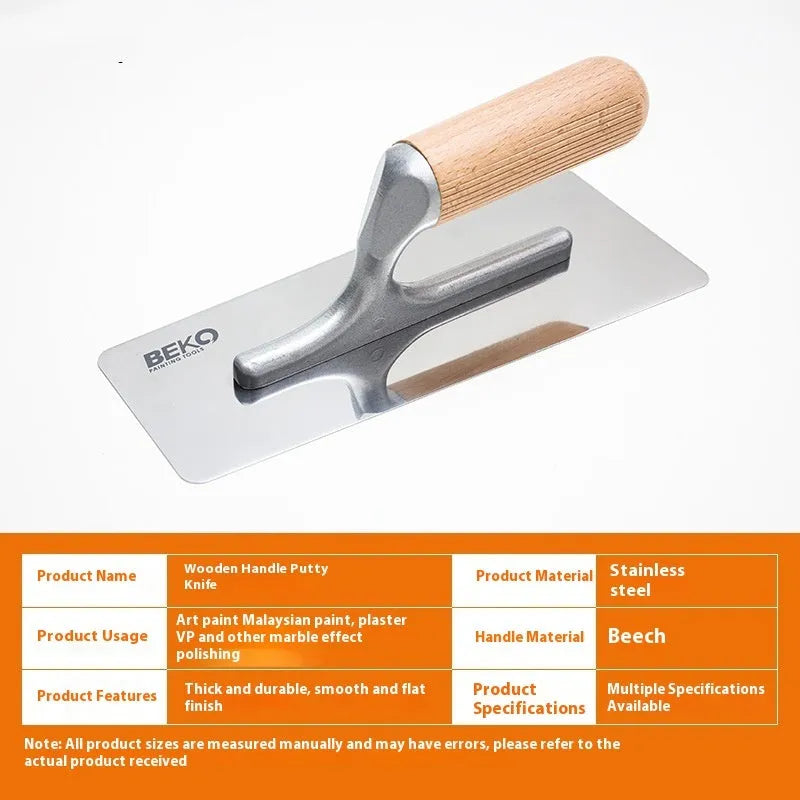 Stainless steel decorative floor and wall putty scraper with wooden handle, shown in three size models.