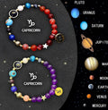 Natural stone beaded bracelets showing zodiac sign designs on adjustable cords, two bracelets displayed together