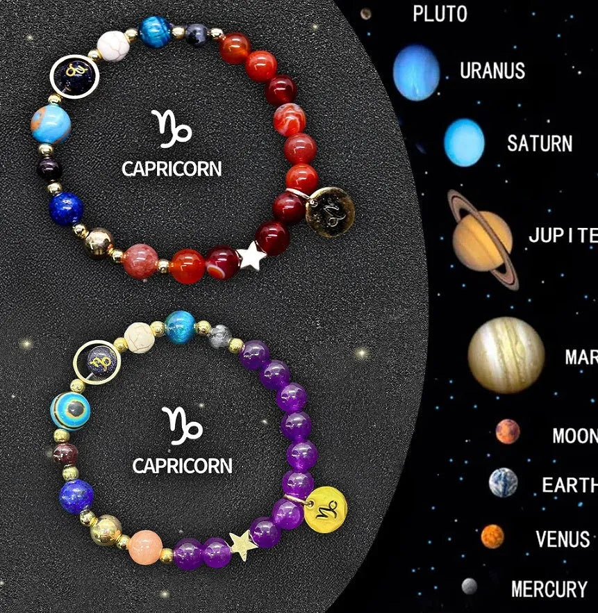 Natural stone beaded bracelets showing zodiac sign designs on adjustable cords, two bracelets displayed together