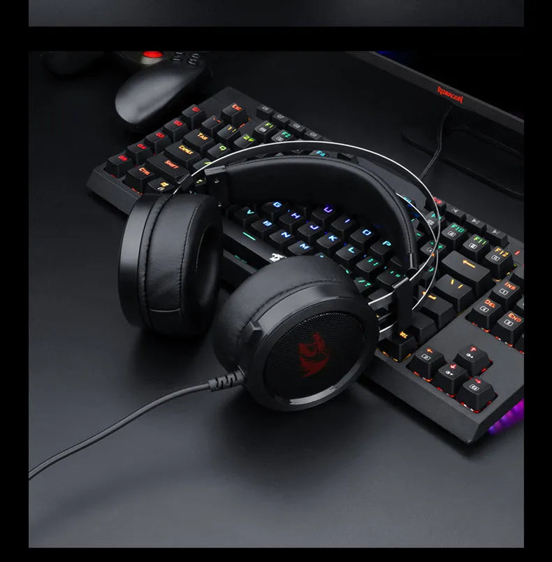 Black wired computer gaming headset with 3.5mm jack and 2 metre cable