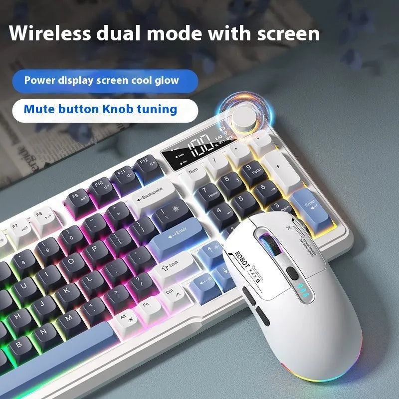 Blue and white wireless mechanical-feel keyboard and mouse set on a wooden desk