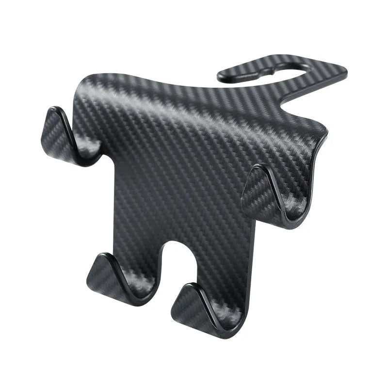 Black ABS plastic car hook bracket with integrated phone holder, shown from the side.