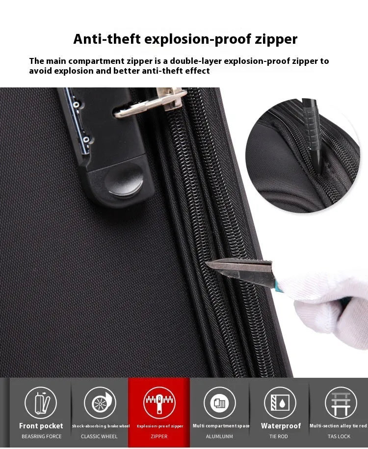 Black 18-inch Oxford cloth carry-on suitcase with a retractable handle and universal wheels.