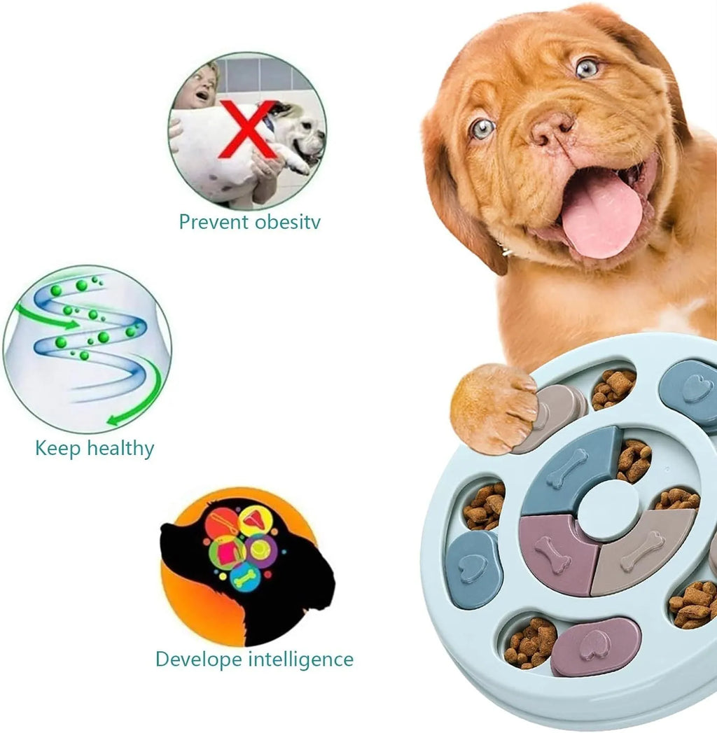 Blue dog puzzle toy with sliding parts on a wooden floor, suitable for small dogs and cats