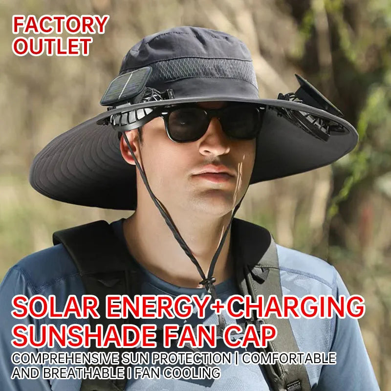 Solar-powered fan hat with integrated cooling fan and rechargeable lithium battery in fishing hat design