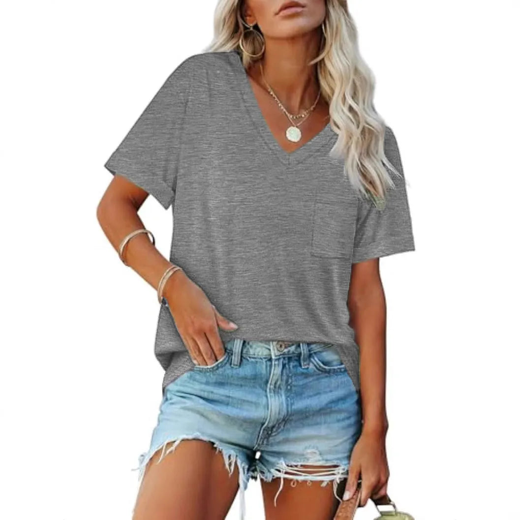Grey loose V-neck T-shirt with chest pocket in Japanese Korean casual style