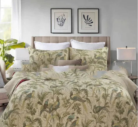 Blue American floral cotton bedspread quilt set with botanical pattern measuring 230x250 cm