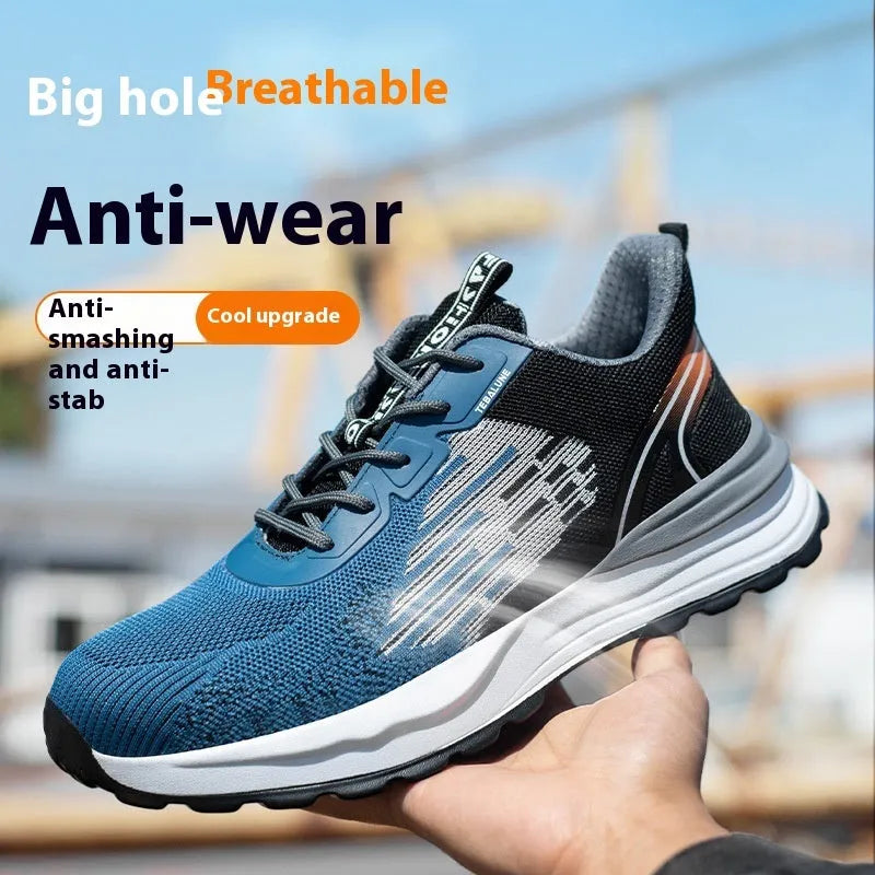 Blue men's low-top safety work shoes with mesh upper, lace closure, and plastic safety toe cap.