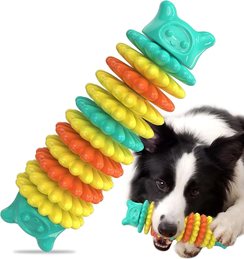 Blue green and pink caterpillar-shaped rubber dog chew toy for aggressive chewers, 17cm long