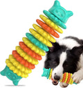 Blue green and pink caterpillar-shaped rubber dog chew toy for aggressive chewers, 17cm long