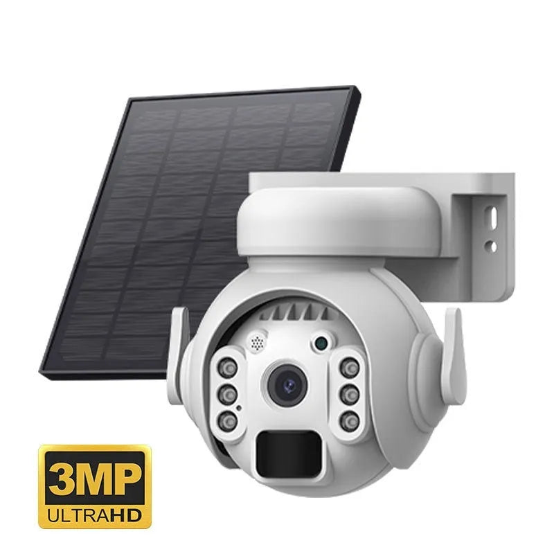 Solar security camera with 3MP resolution and night vision in white, black or camouflage finishes