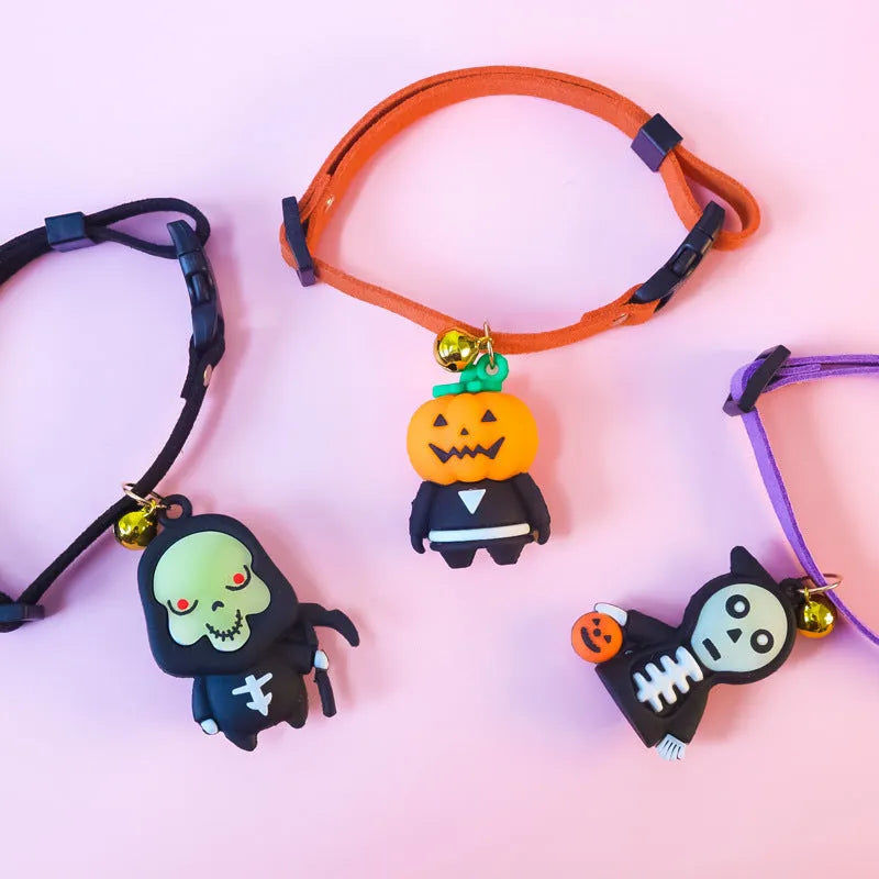 Halloween dog collar decoration with luminous cartoon patterns in Pumpkin Man, brat and skull designs