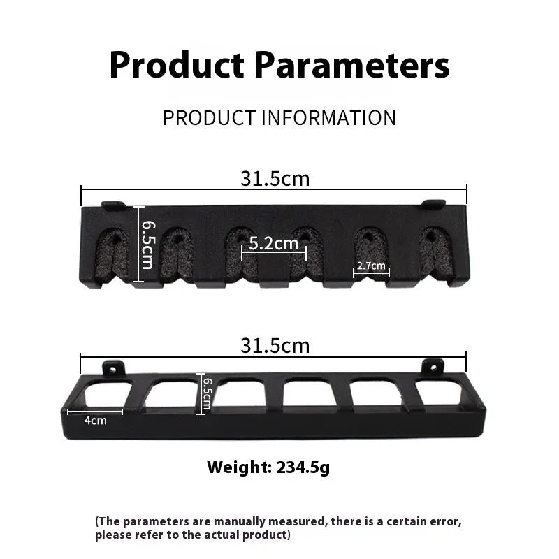 Black ABS plastic wall-mounted fishing rod holder for vertical rod storage organisation