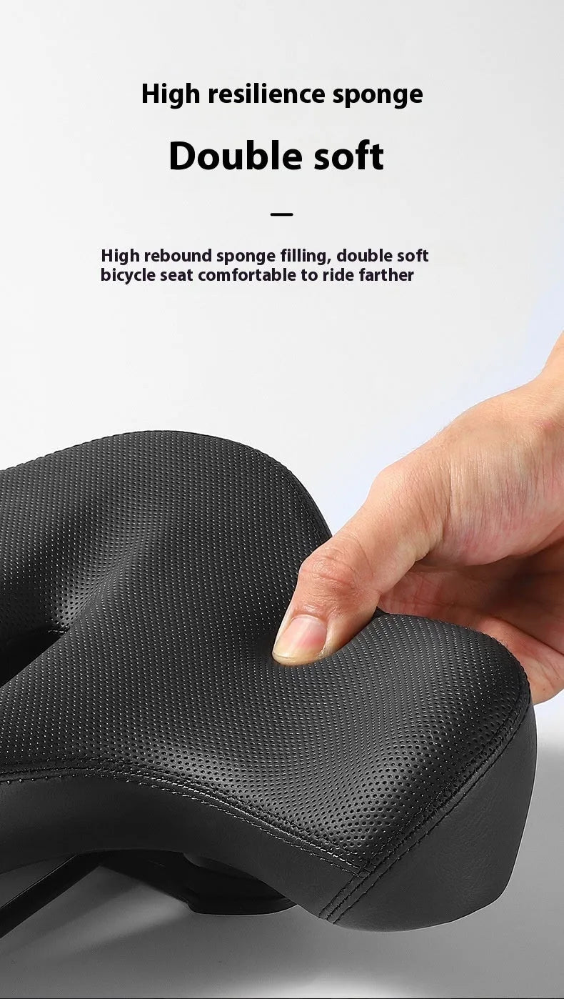 Black leather bicycle saddle cushion with polyurethane foam padding for shock absorption.