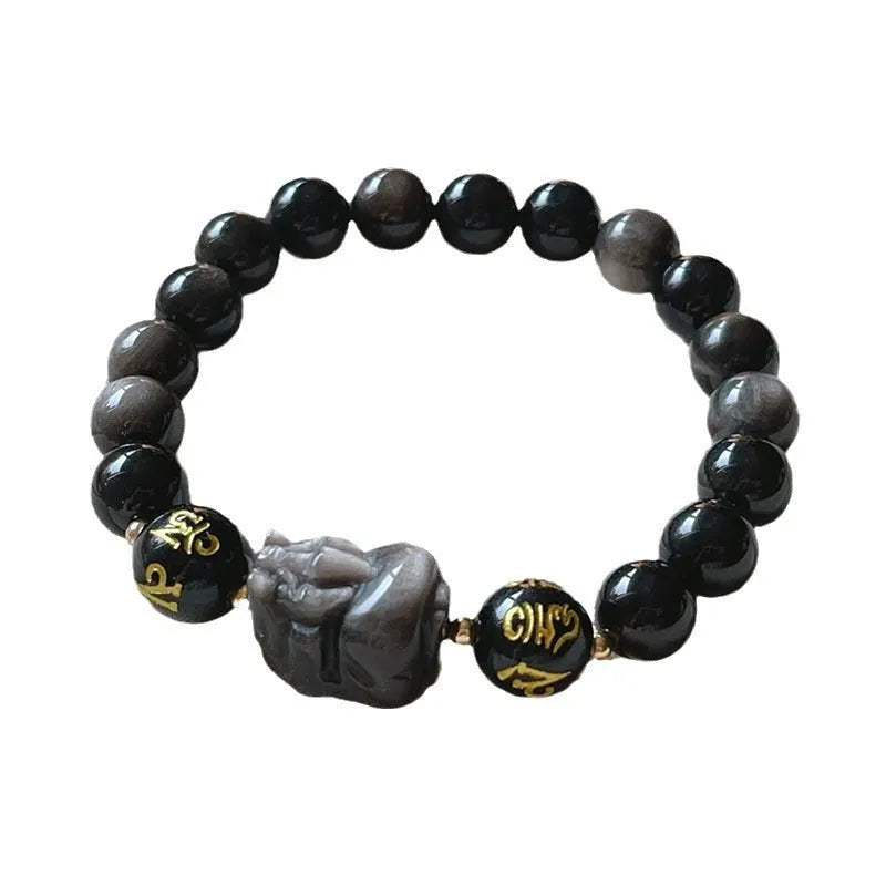 Men's Silver Stone bracelet with zodiac symbols and proverb beading in Chinese style design