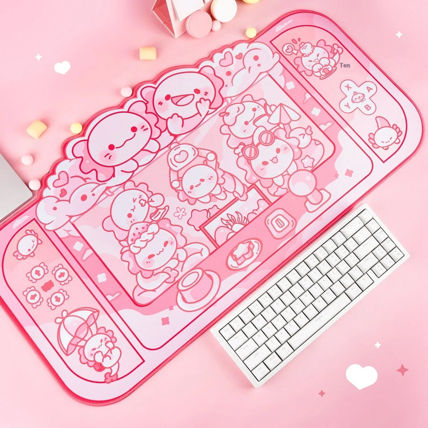 Hexagonal Dragon Crane Machine cartoon anime design on a large 75x40cm cloth mouse pad with wrist rest.