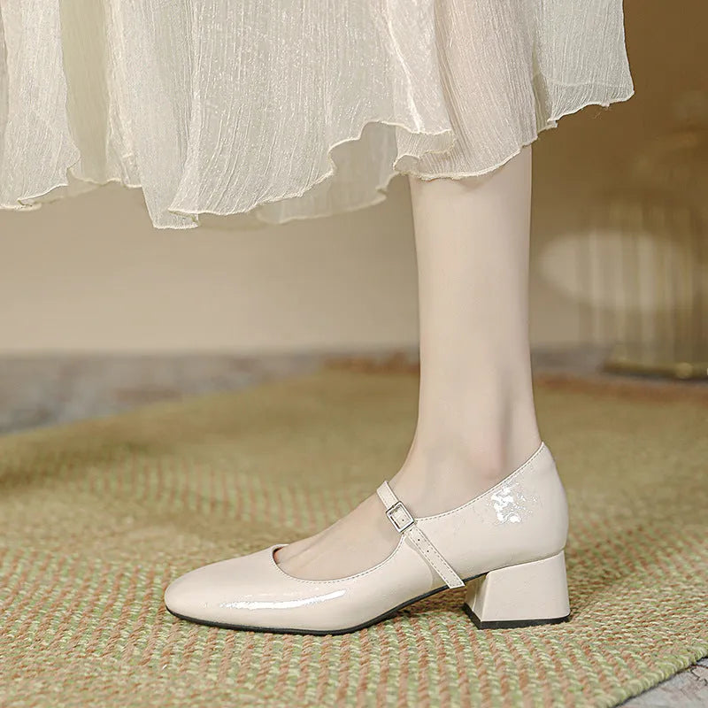 Women's square toe patent leather Mary Jane shoes with buckle and pearl detail, mid heel, low top, available in black, apricot, silver