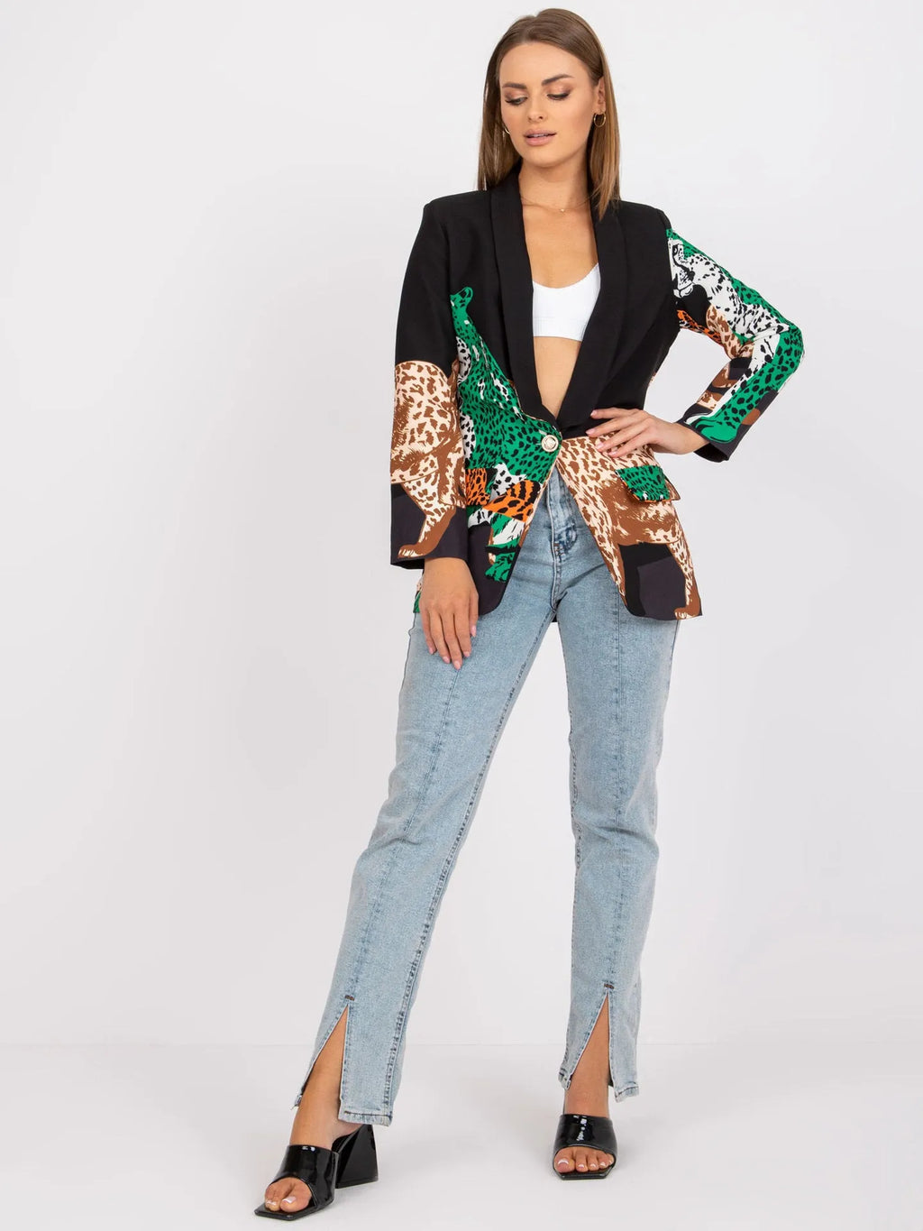 Leopard print slim fit long suit jacket for women, medium length 65cm, black with contrast colour, front pocket, street fashion style