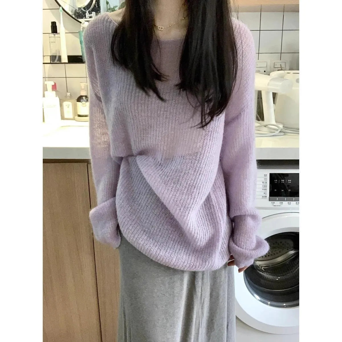 Women's purple round neck blouse with hollow out design and princess sleeves in ice silk fabric