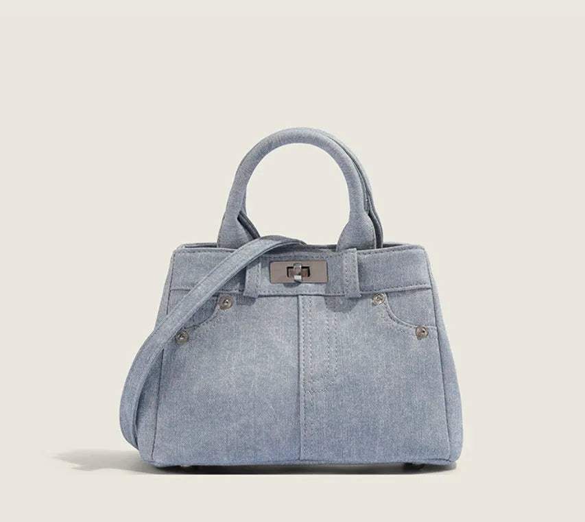 Women's soft PU denim shoulder bag in denim blue without pendant, standard size, casual style