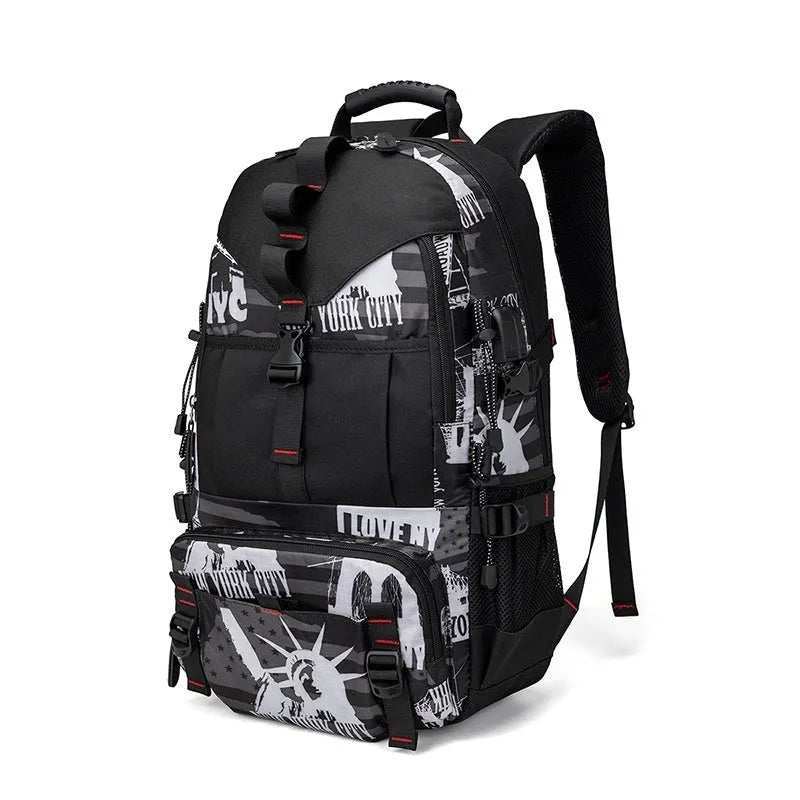 Men's waterproof Oxford cloth hiking backpack in camouflage design with 56-75L capacity