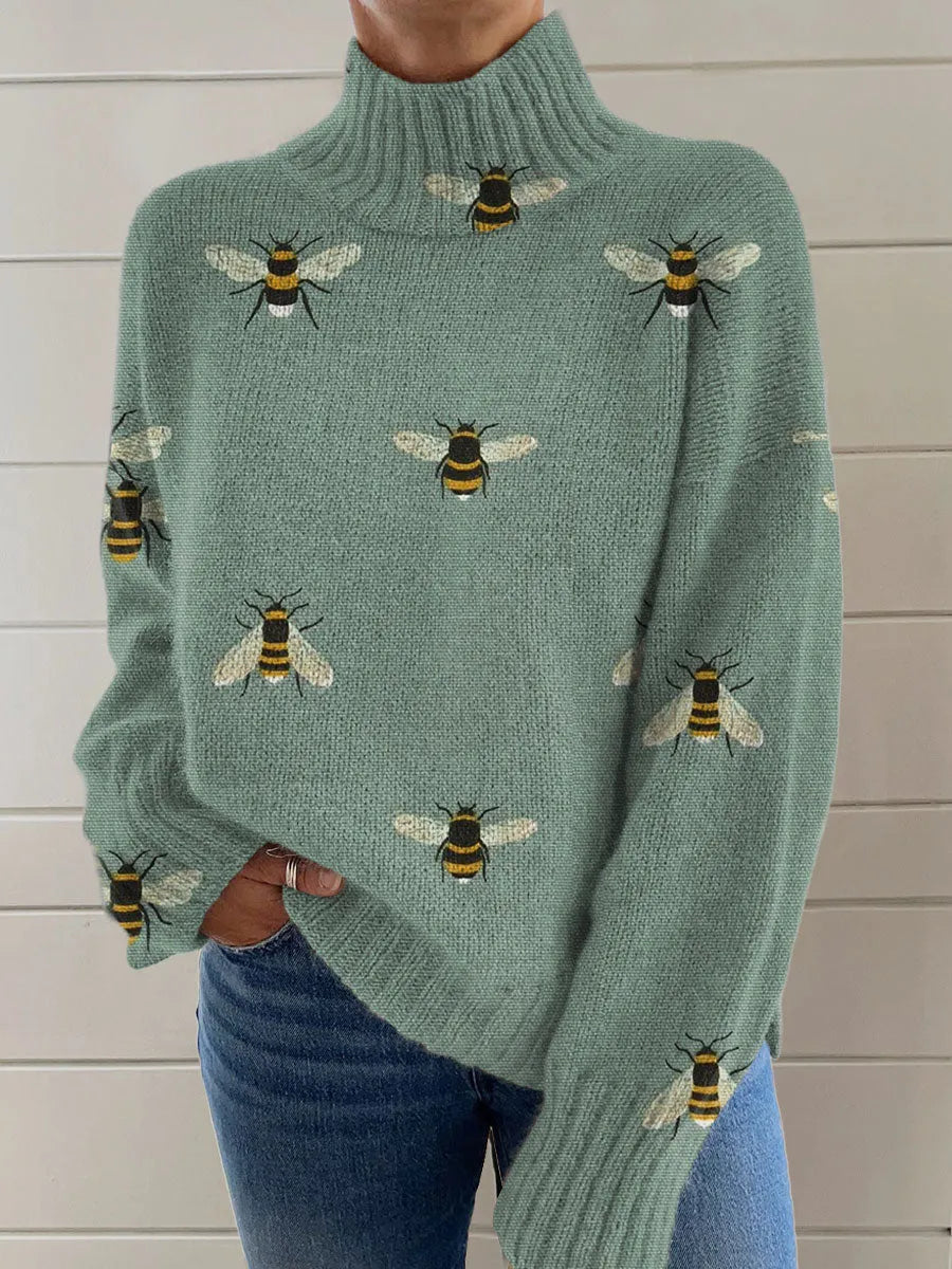 Women's loose fit Christmas printed turtleneck sweater in a macaron colour.