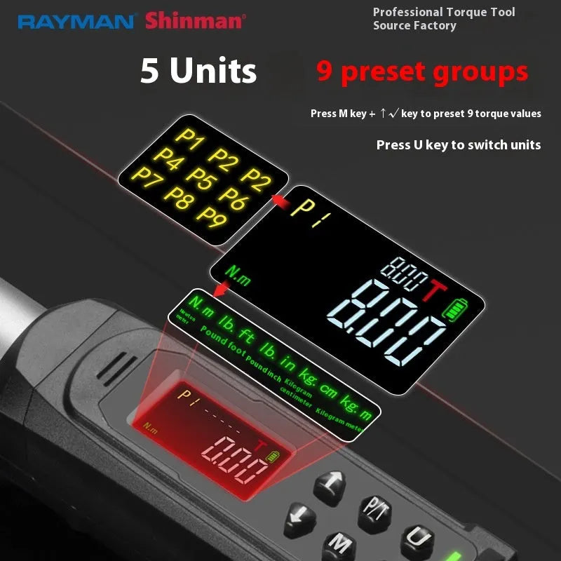 Electronic digital torque wrench with LCD display showing torque reading.