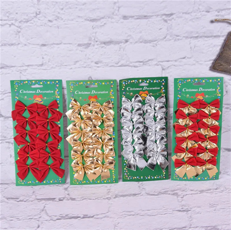 Red, gold, silver, and red-gold polyester Christmas tree ornament bows measuring 5 cm