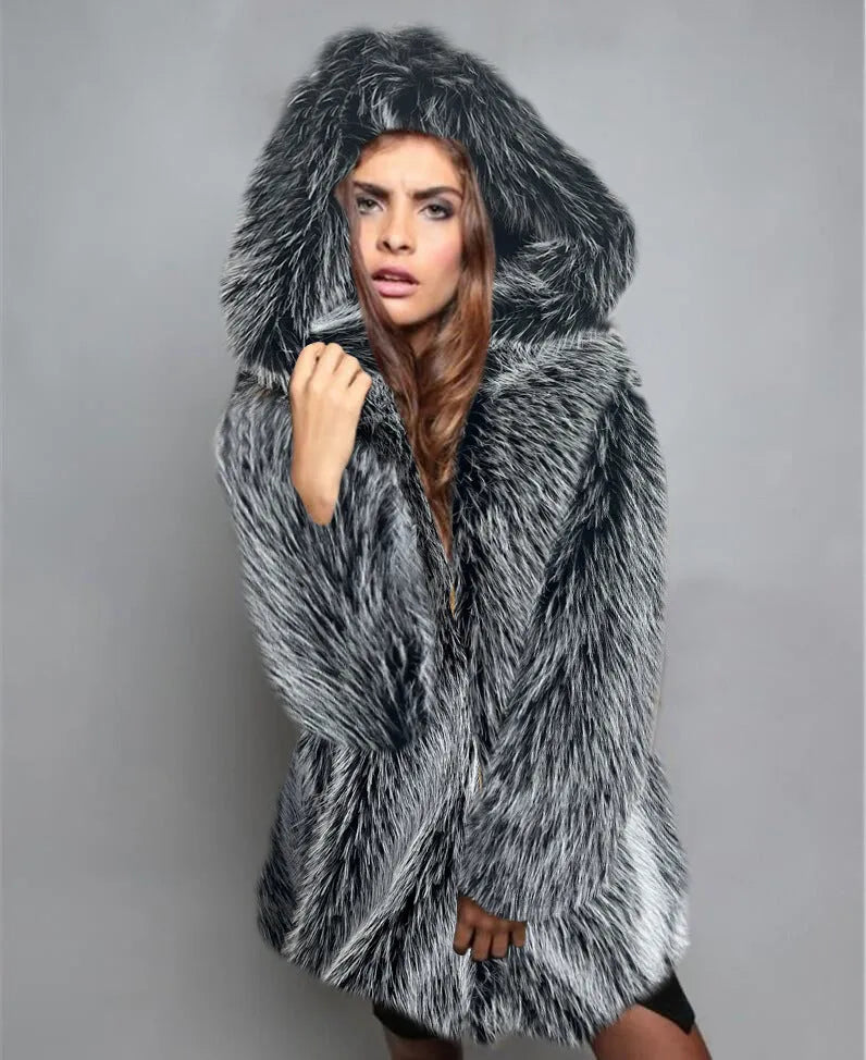 Silver grey loose-fit mid-length faux fur coat for women on a hanger