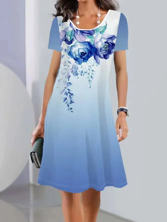 Women's floral print mid-length dress in ice silk fabric with short sleeves and round neck