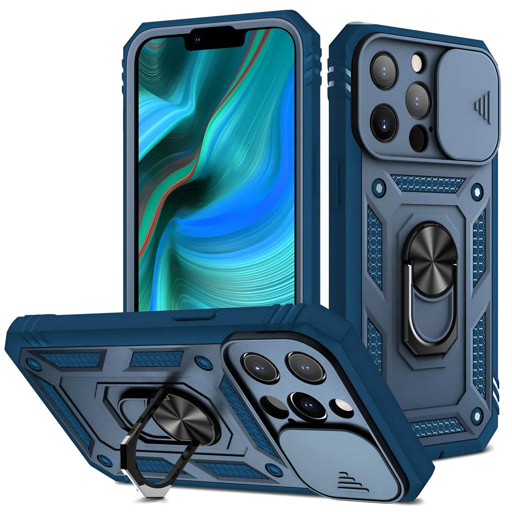 Magnetic sliding window phone case for iPhone in two-tone sapphire blue colour.