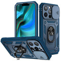 Magnetic sliding window phone case for iPhone in two-tone sapphire blue colour.