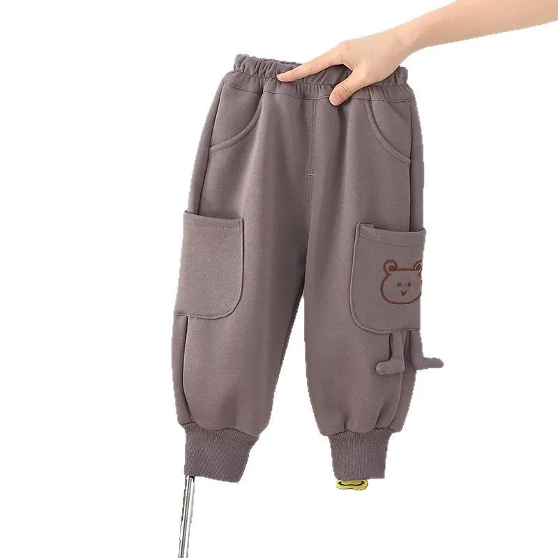 Boys' velvet sport pants in gray, green, and brown with elastic waistband and drawstring