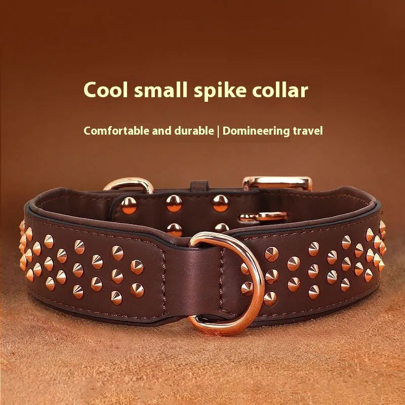Leather dog collar with metal rivets in chocolate colour, shown alongside pink and black options.
