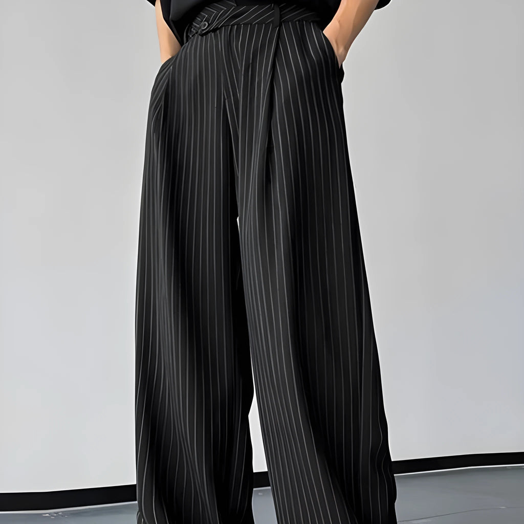 Black men's casual trousers with vertical stripes, front pleats, and an elasticated waistband.