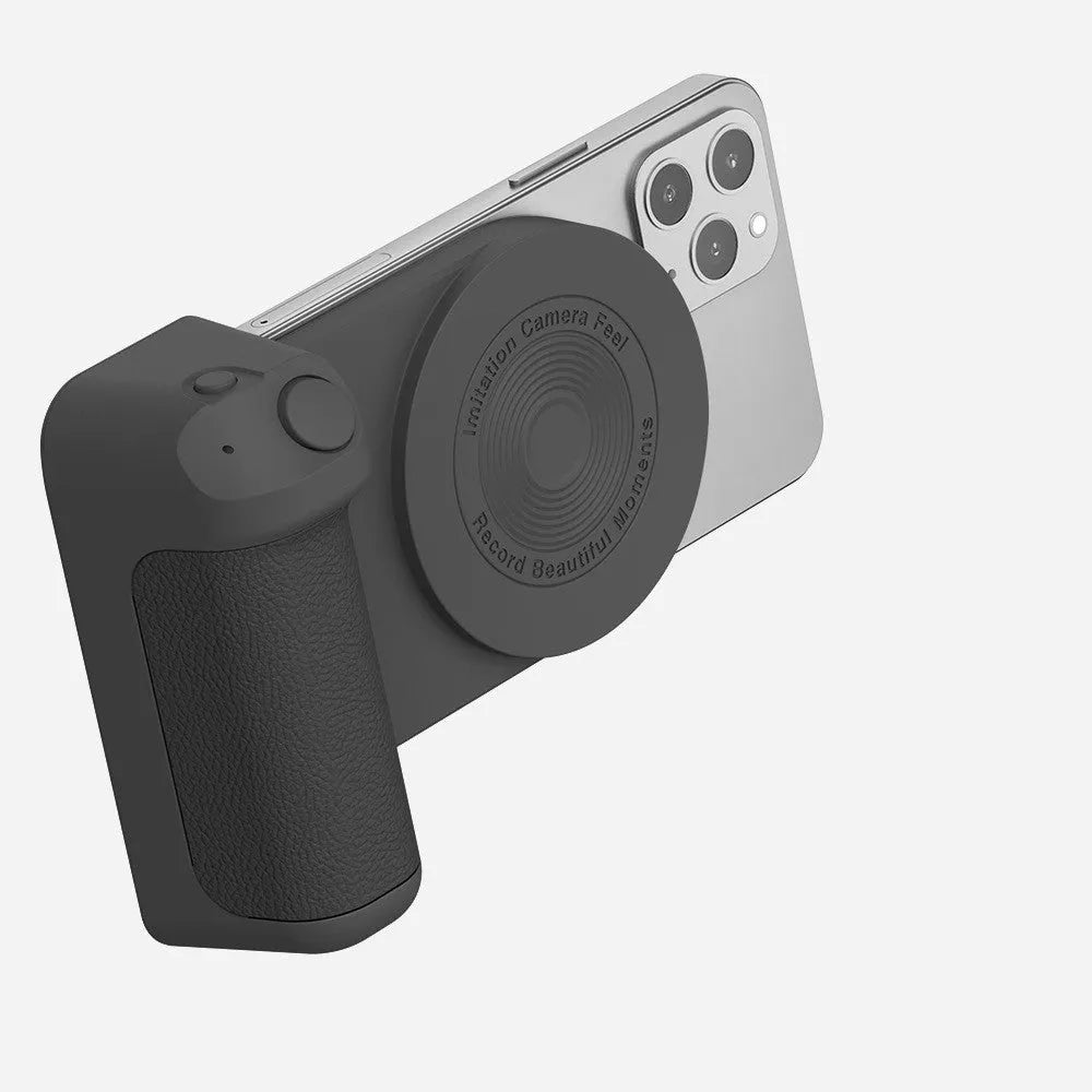 Black magnetic wireless charging camera bracket with rotatable phone holder and ergonomic handle