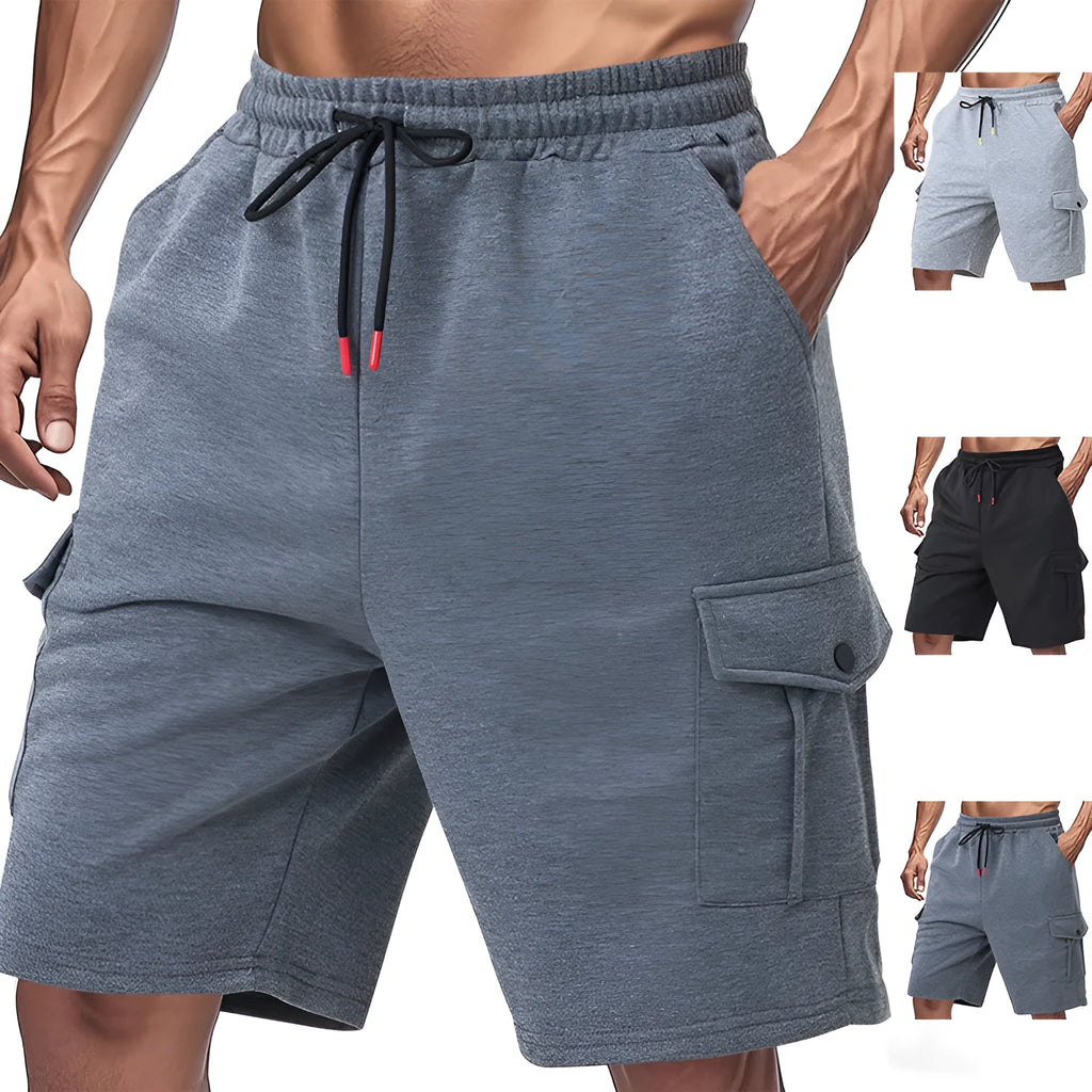 Man's heavy terry fabric cargo shorts in light grey, showing loose fit and multiple pockets.