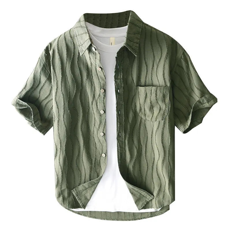 Men's pure cotton casual shirt in loose Japanese style with short sleeves